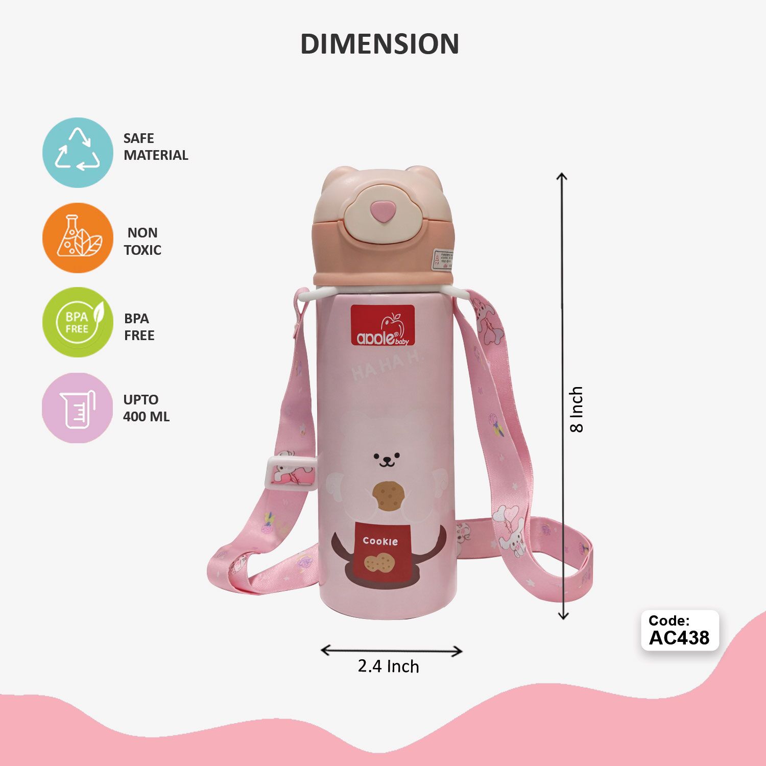 Insulated Steel Sipper 400ml Pink dimension